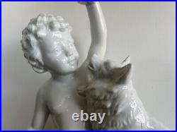 Original Antique White porcelain Little Boy with Dog, 1900's Signed
