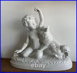 Original Antique White porcelain Little Boy with Dog, 1900's Signed
