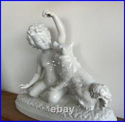 Original Antique White porcelain Little Boy with Dog, 1900's Signed