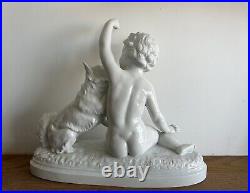 Original Antique White porcelain Little Boy with Dog, 1900's Signed