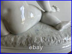 Original Antique White porcelain Little Boy with Dog, 1900's Signed