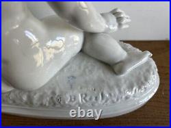 Original Antique White porcelain Little Boy with Dog, 1900's Signed