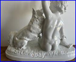 Original Antique White porcelain Little Boy with Dog, 1900's Signed