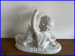 Original Antique White porcelain Little Boy with Dog, 1900's Signed