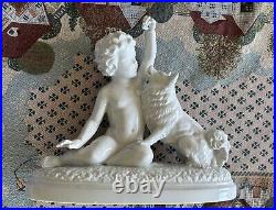 Original Antique White porcelain Little Boy with Dog, 1900's Signed