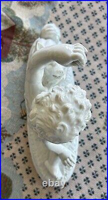 Original Antique White porcelain Little Boy with Dog, 1900's Signed