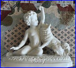 Original Antique White porcelain Little Boy with Dog, 1900's Signed