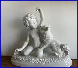 Original Antique White porcelain Little Boy with Dog, 1900's Signed