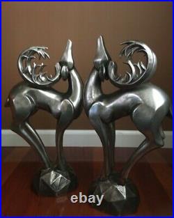 PAIR OF ART DECO SILVER STAG STATUES BOMBAY 18 1/2 INCHES TALL x 10 INCHES LONG