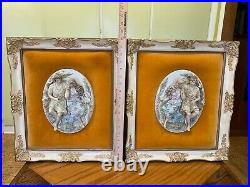Pair Porcelain Bisque Relief Lovers Wall Plaques Orange Velvet Ornate Frames