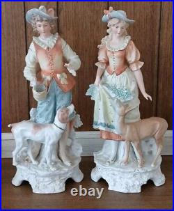 Pair Vintage Carl Schneider French Couple With Deer & Dog Statuettes