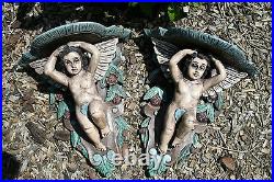 Pair Vintage Italian wood carved Cherubs Wall Console polychrome