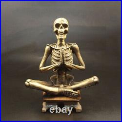 Pure Brass Skeleton Skull Yoga Figurine Punk Hip Hop Meditation Statue Gift Toy