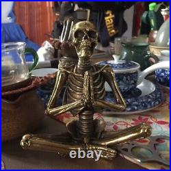 Pure Brass Skeleton Skull Yoga Figurine Punk Hip Hop Meditation Statue Gift Toy