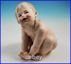 RARE Large Antique Heubach Bisque Porcelain Crouching Girl Piano Baby Figurine