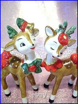 RARE VTG Christmas Lefton Japan Santa Reindeer Red Bows & Holly Figurine Set