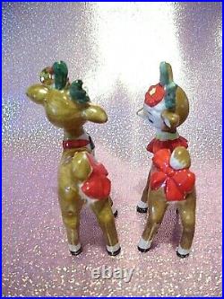 RARE VTG Christmas Lefton Japan Santa Reindeer Red Bows & Holly Figurine Set