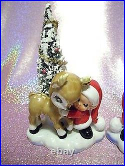 RARE VTG Lefton Japan Christmas Santa Elf Pixie Reindeer Bottle Brush Tree Set
