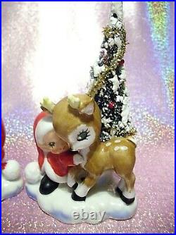 RARE VTG Lefton Japan Christmas Santa Elf Pixie Reindeer Bottle Brush Tree Set