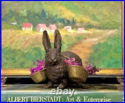 Rabbit Statue Bronze Figurine with Brass Basket & Dried Flowers Vintage Decor