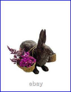 Rabbit Statue Bronze Figurine with Brass Basket & Dried Flowers Vintage Decor
