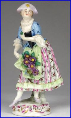 Rare Antique FRENCH WOMAN FLOWER SELLER IN HAT PORCELAIN FIGURINE Height 12 CM