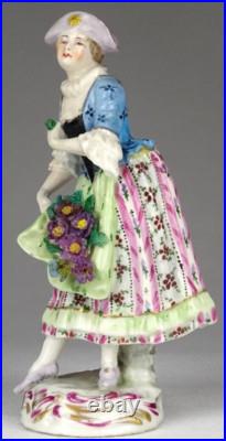 Rare Antique FRENCH WOMAN FLOWER SELLER IN HAT PORCELAIN FIGURINE Height 12 CM
