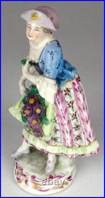 Rare Antique FRENCH WOMAN FLOWER SELLER IN HAT PORCELAIN FIGURINE Height 12 CM