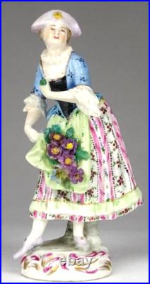 Rare Antique FRENCH WOMAN FLOWER SELLER IN HAT PORCELAIN FIGURINE Height 12 CM
