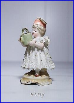 Rare Antique Hand Painted Bisque Porcelain Jeweled Lace Dress Miniature Figurine