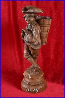 Rare Antique Match Holder Wood Carved Peddler with Basket