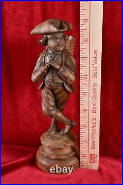 Rare Antique Match Holder Wood Carved Peddler with Basket