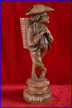 Rare Antique Match Holder Wood Carved Peddler with Basket