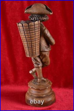 Rare Antique Match Holder Wood Carved Peddler with Basket