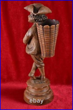 Rare Antique Match Holder Wood Carved Peddler with Basket