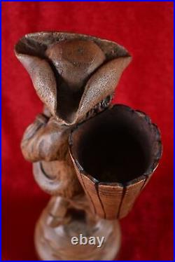 Rare Antique Match Holder Wood Carved Peddler with Basket