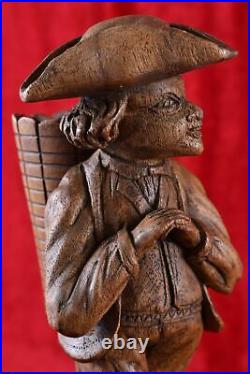 Rare Antique Match Holder Wood Carved Peddler with Basket