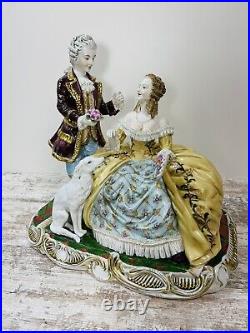 Rare Dresden Porcelain Gild Victorian Couple Borzoi Dog Large 1950's 17' Rare Dresden Porcelain Gild Victorian Couple Borzoi Dog Large 1950's 17'