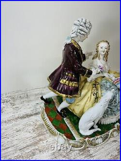 Rare Dresden Porcelain Gild Victorian Couple Borzoi Dog Large 1950's 17' Rare Dresden Porcelain Gild Victorian Couple Borzoi Dog Large 1950's 17'