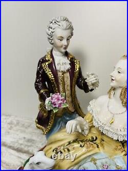Rare Dresden Porcelain Gild Victorian Couple Borzoi Dog Large 1950's 17' Rare Dresden Porcelain Gild Victorian Couple Borzoi Dog Large 1950's 17'