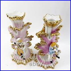 Rare Pair of Antique Porcelain Figural European Candlesticks Musicians Gold Gilt