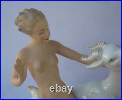 Rare Vintage Wallendorf Schaubach Porcelain Nude Girl with Rearing Gazelle