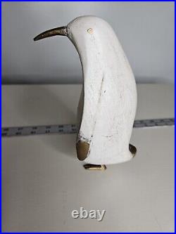 Rare Vintage White Distressed Wood And Brass Penguin Figurine 8