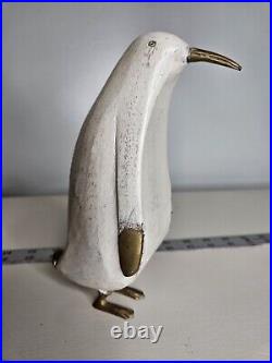 Rare Vintage White Distressed Wood And Brass Penguin Figurine 8