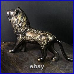 Roaring Etched Brass Lion Metal Sculpture with Carved Floral Design 7.5x11