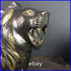 Roaring Etched Brass Lion Metal Sculpture with Carved Floral Design 7.5x11