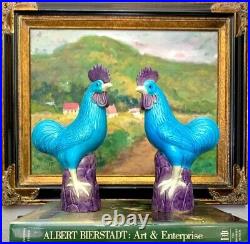 Rooster Porcelain Turquoise Blue Glazed Pair Oriental Decor Small Chip