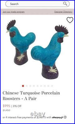 Rooster Porcelain Turquoise Blue Glazed Pair Oriental Decor Small Chip