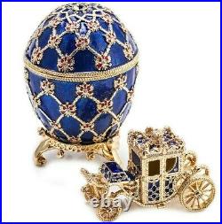 Russian Faberge Egg Replica Jewelry Box Easter Coronation Carriage Blue