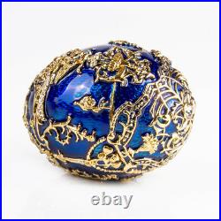 Russian Faberge Egg Replica Music Box Blue Gold Tsarevich Egg on a Stand